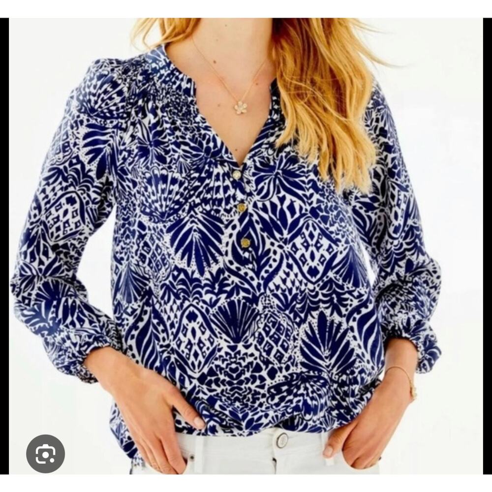 Lilly Pulitzer Elisa 100%‎ Silk Long Sleeve Blue White Coral Blouse Size Small